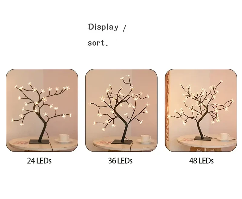 Cherry Blossom Tree LED Table Lamp - 24/48 LEDs, USB Powered, Ambient Night Light