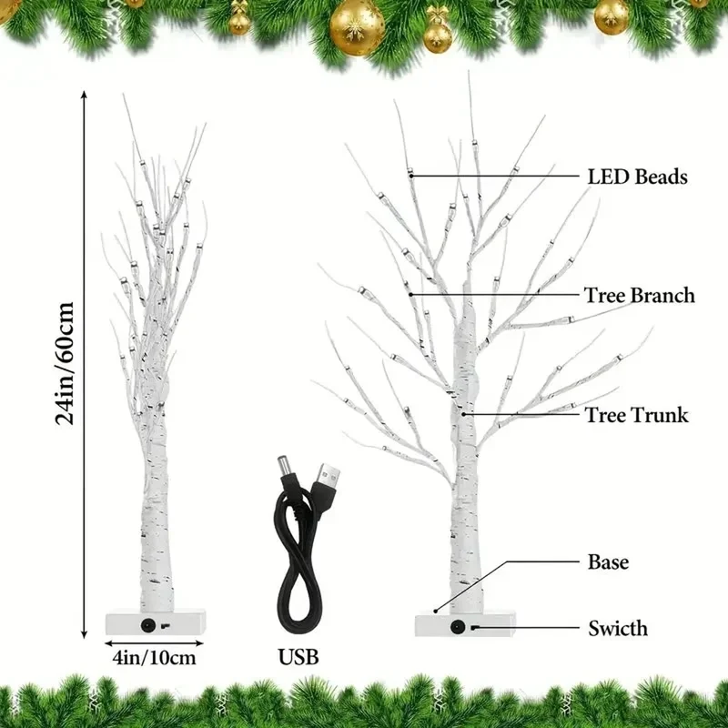 Birch Tree LED Table Lamp - 24-LED, Adjustable Branches, USB or Battery Powered