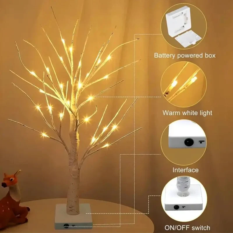 Birch Tree LED Table Lamp - 24-LED, Adjustable Branches, USB or Battery Powered