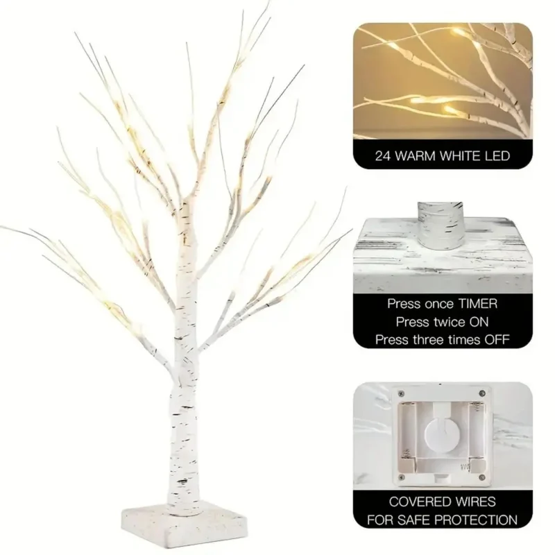 Birch Tree LED Table Lamp - 24-LED, Adjustable Branches, USB or Battery Powered