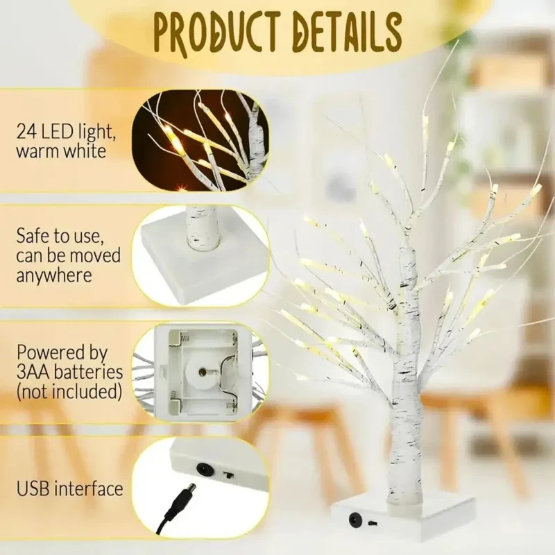 Birch Tree LED Table Lamp - 24-LED, Adjustable Branches, USB or Battery Powered