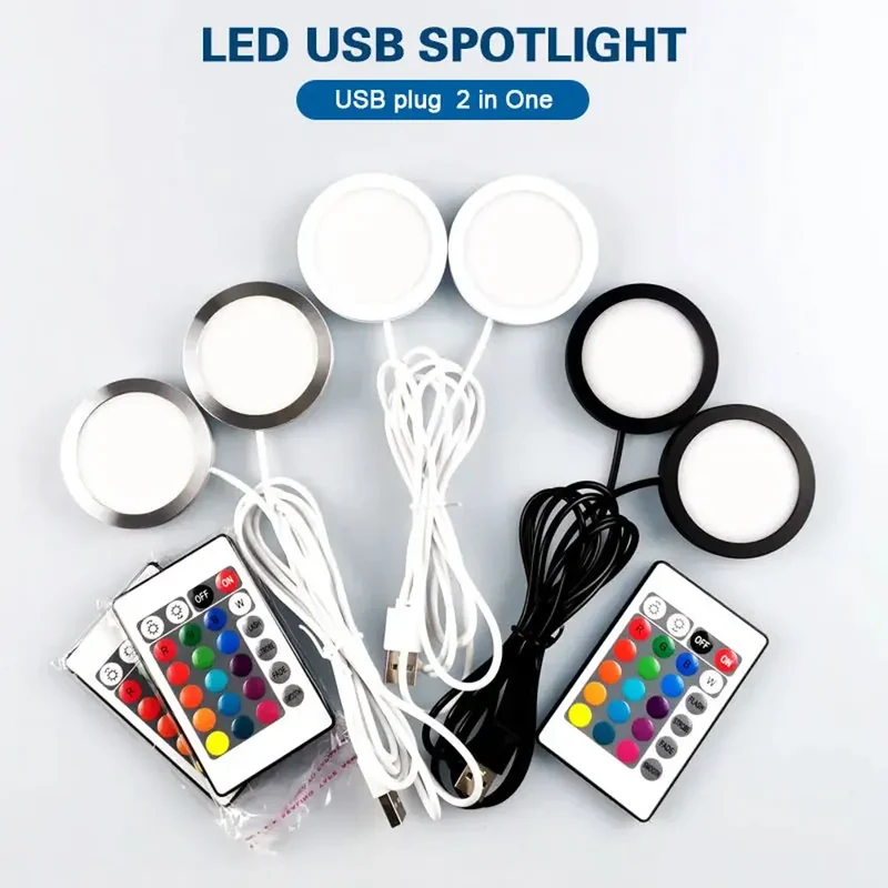 Dual-Head 2-in-1 USB RGB Under Cabinet LED Puck Lights - Remote Control, 16-Color, 5V