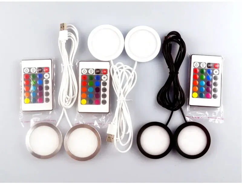 Dual-Head 2-in-1 USB RGB Under Cabinet LED Puck Lights - Remote Control, 16-Color, 5V