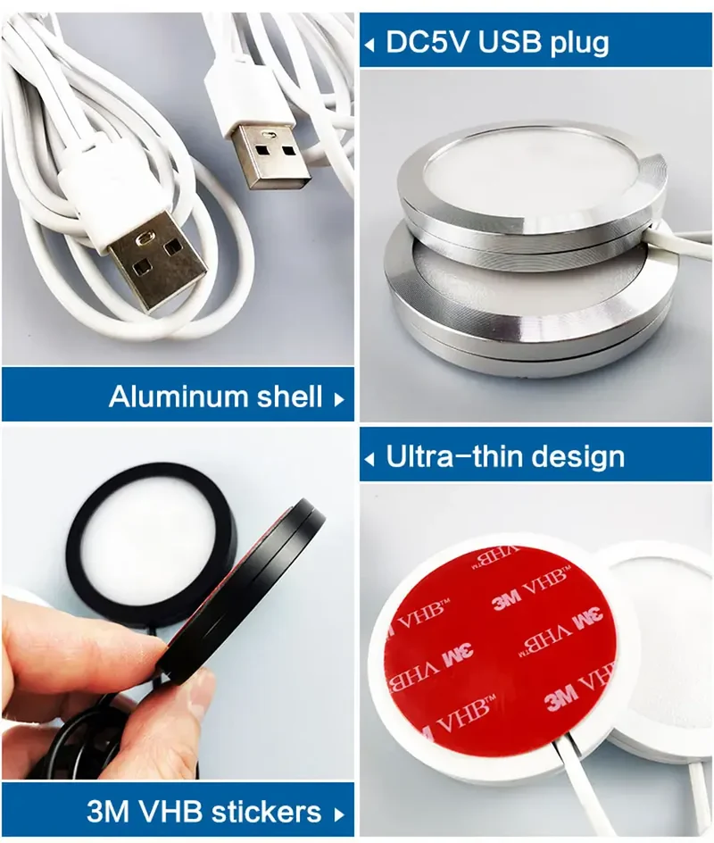Dual-Head 2-in-1 USB RGB Under Cabinet LED Puck Lights - Remote Control, 16-Color, 5V