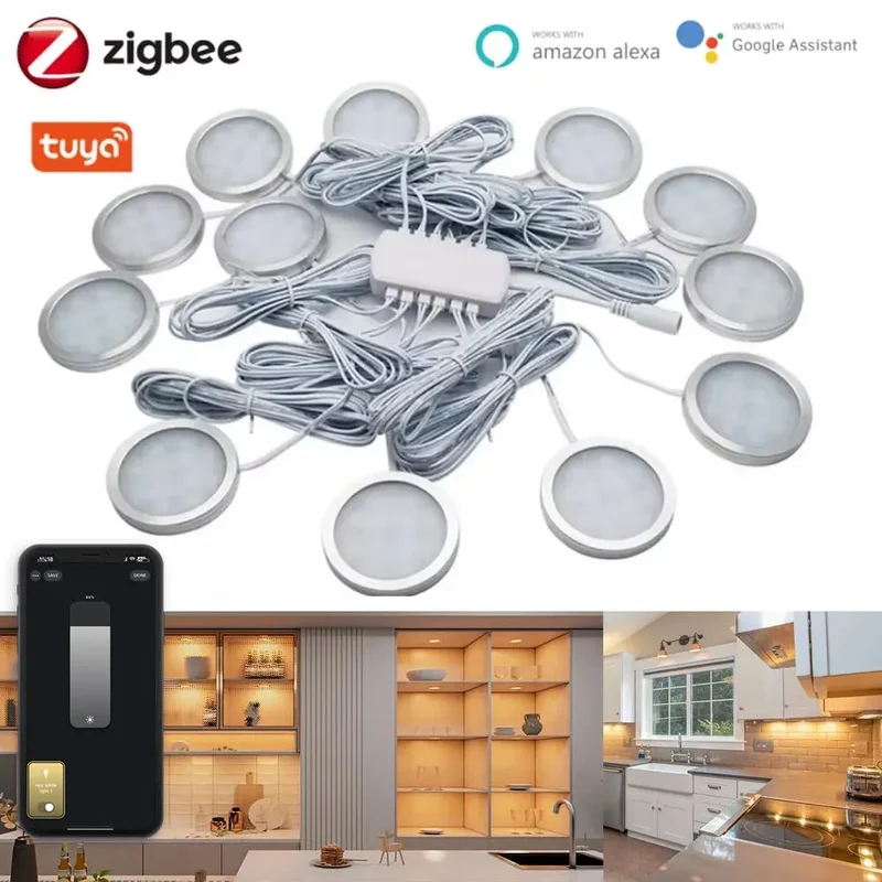 Tuya Zigbee Smart Under Cabinet LED Puck Lights - 12V, App & Voice Control, Full Kit