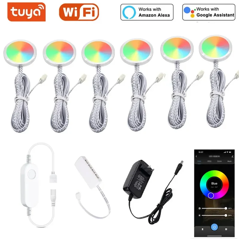 Tuya WiFi RGB Under Cabinet LED Puck Lights - 12V, App & Voice Control, Dimmable