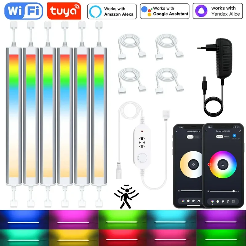 Tuya WiFi Under Cabinet LED Light Bar - 6-Pin RGBCCT, Dimmable, Motion Sensor