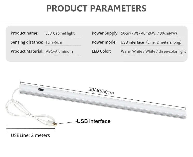 Hand Wave Sensor Under Cabinet LED Light Bar - USB Powered, 3-Color Aluminum