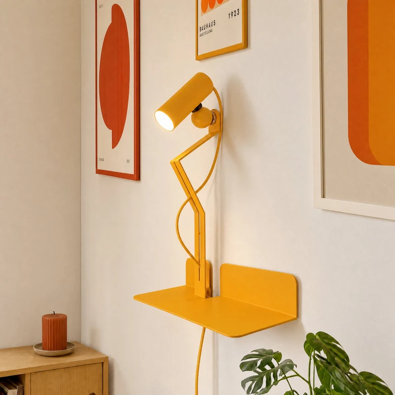 Lampe murale avec étagère et spot magnétique orientable - Murio Tubo - Jaune