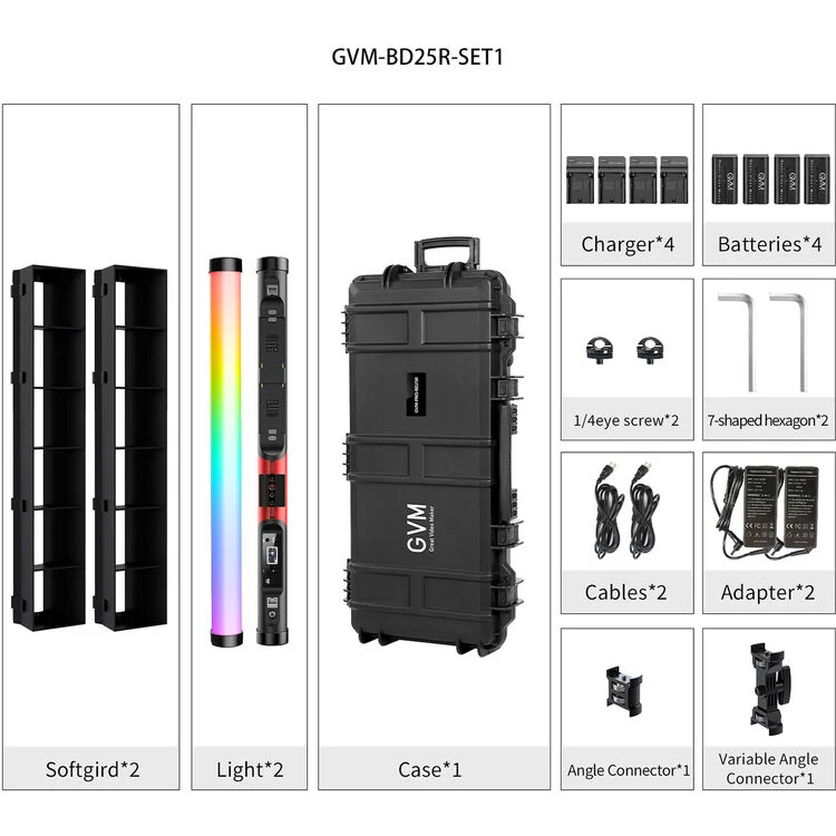 GVM BD25R RGB Tube Light with Softbox, 2 Packs 25W Handheld Wand Light, 24" Full Color LED Tube Light, 2700-10000K Stick Light with APP/DMX Control, 12 Scene Effects, MESH Networking Control Led Video Light