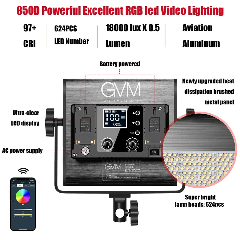 GVM 850D rgb led studio video light kit(2-light kit)