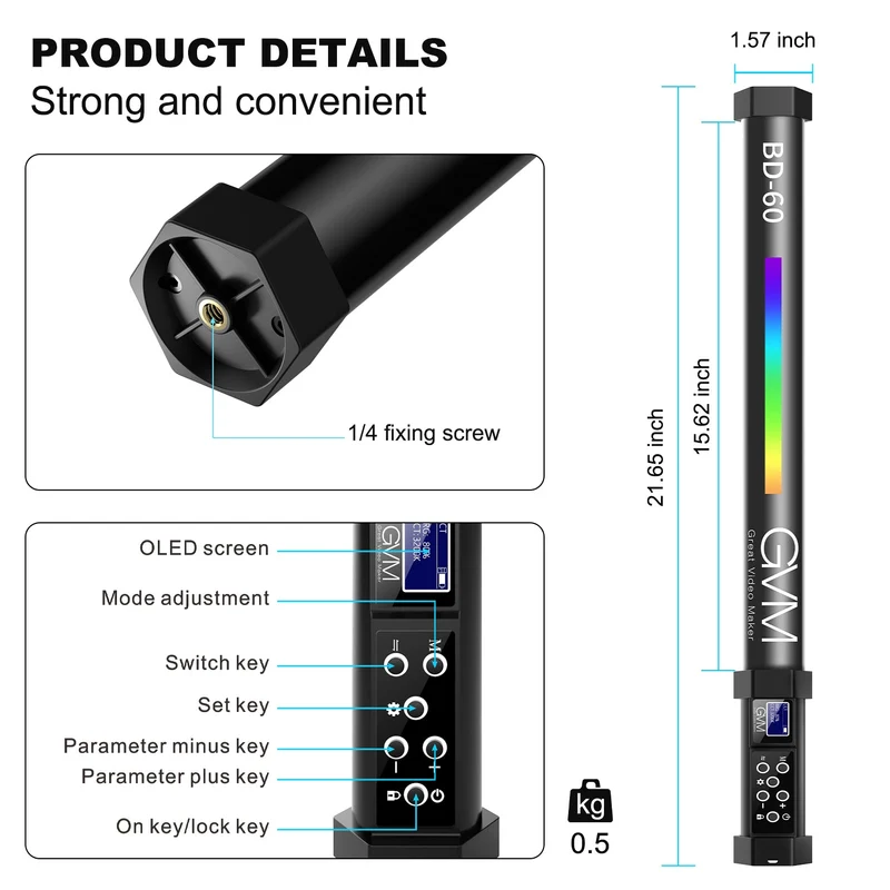 GVM BD60D Upgraded RGB Handheld LED Video Wand Light(21.8")(Buy 1 get 1 free)