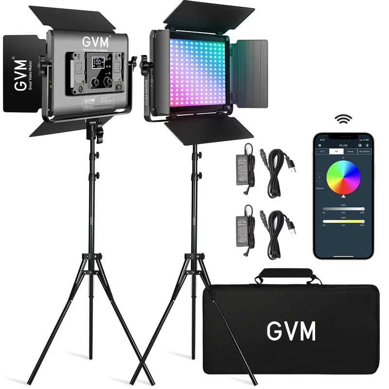 GVM 880RS RGB LED Video Light with Lighting Kits 60W Led Panel Light with BT Control 2 Packs Photography Lights for YouTube Studio Video Streaming