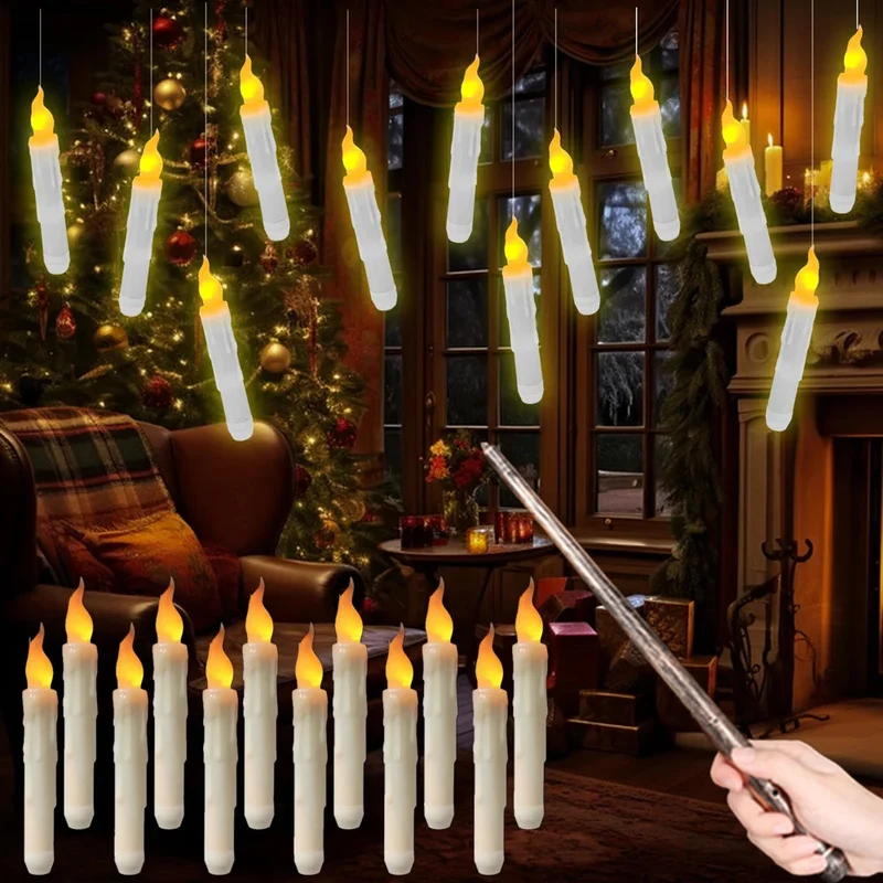 12/24pcs Flameless Floating LED Hanging Candles - Battery Operated, Wand Remote