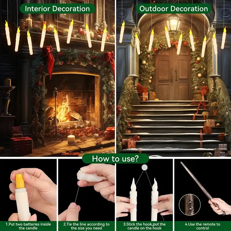 12/24pcs Flameless Floating LED Hanging Candles - Battery Operated, Wand Remote