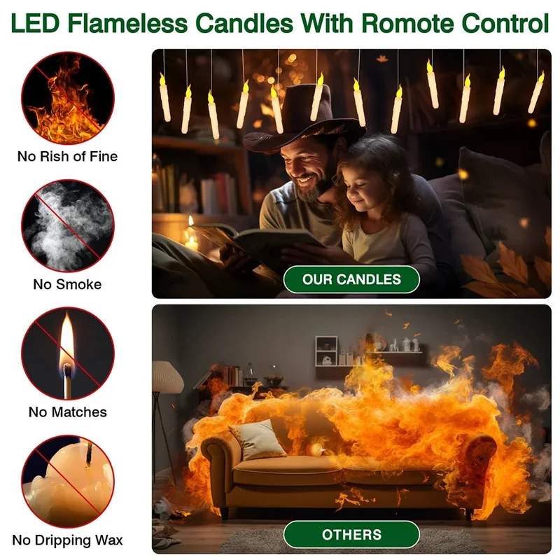 12/24pcs Flameless Floating LED Hanging Candles - Battery Operated, Wand Remote