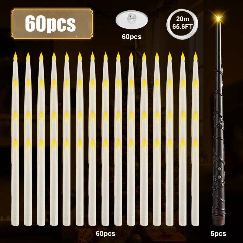 12-60Pcs Flameless Floating LED Candles - Battery Operated, Magic Wand Remote