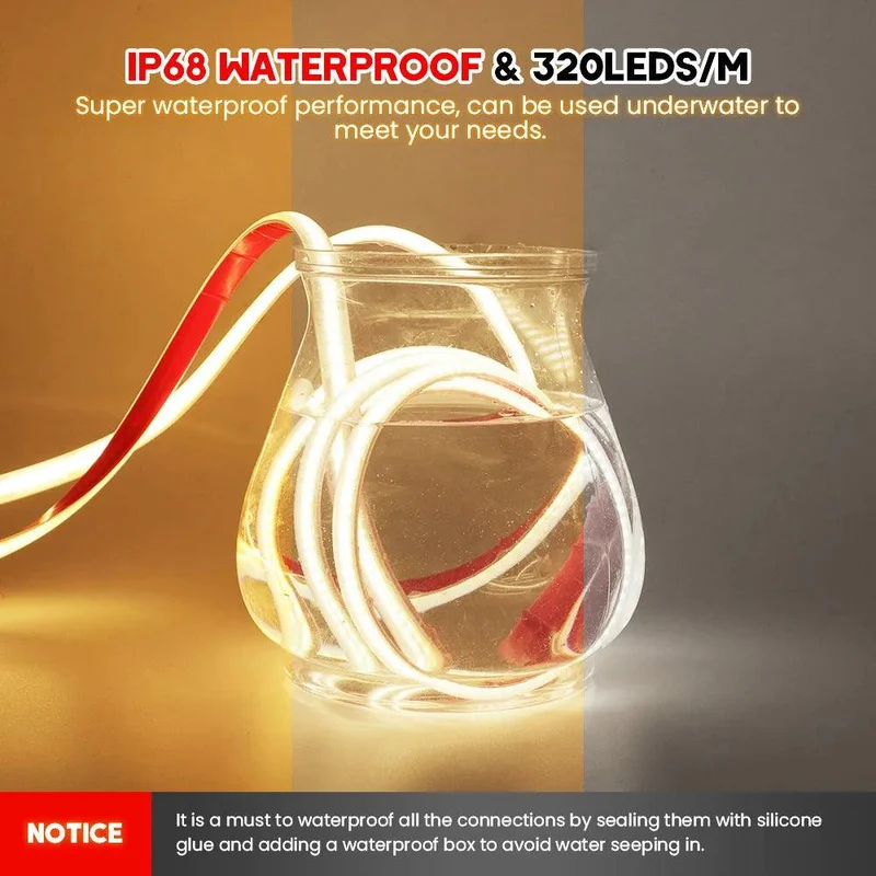 12V IP68 Waterproof COB LED Strip Light - Milky or Clear Silicone Tube