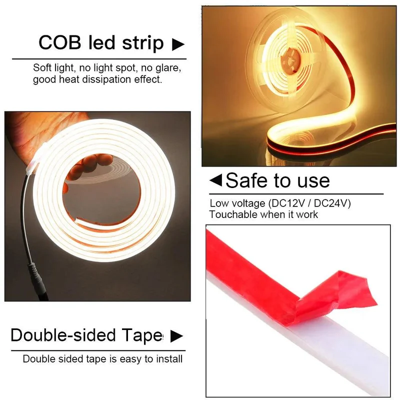 12V IP68 Waterproof COB LED Strip Light - Milky or Clear Silicone Tube