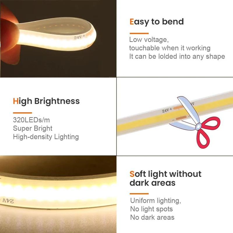 12V High Density COB LED Strip Light - 2-Pin Wire, IP30 or IP68 Option, 320 LEDs/m