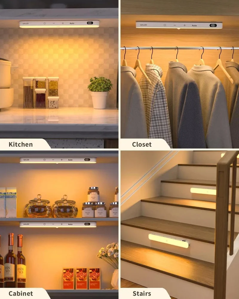 60-LED Under Cabinet LED Light Bar - Warm White, Magnetic Dimmable, Battery Display, White Housing