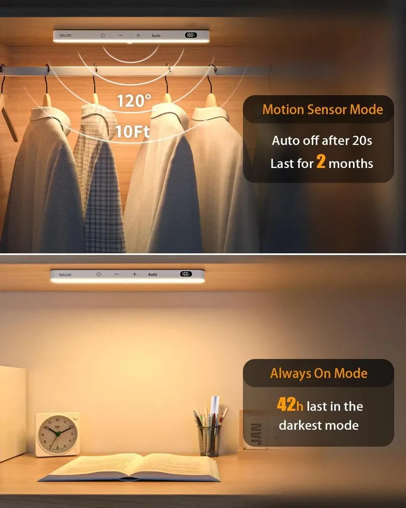 60-LED Under Cabinet LED Light Bar - Warm White, Magnetic Dimmable, Battery Display, White Housing