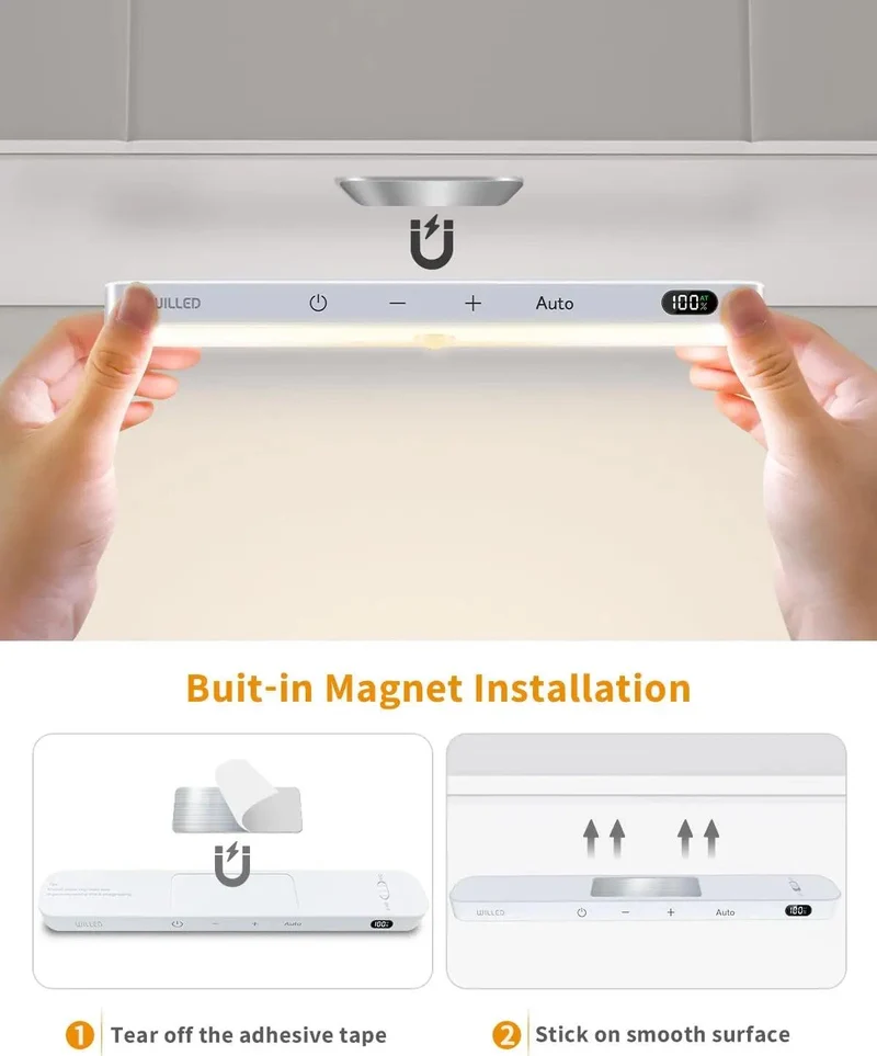 60-LED Under Cabinet LED Light Bar - Warm White, Magnetic Dimmable, Battery Display, White Housing
