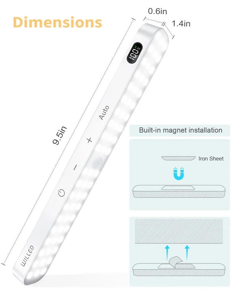 60-LED Under Cabinet LED Light Bar - Cool White, Magnetic Dimmable, Battery Display, White Housing