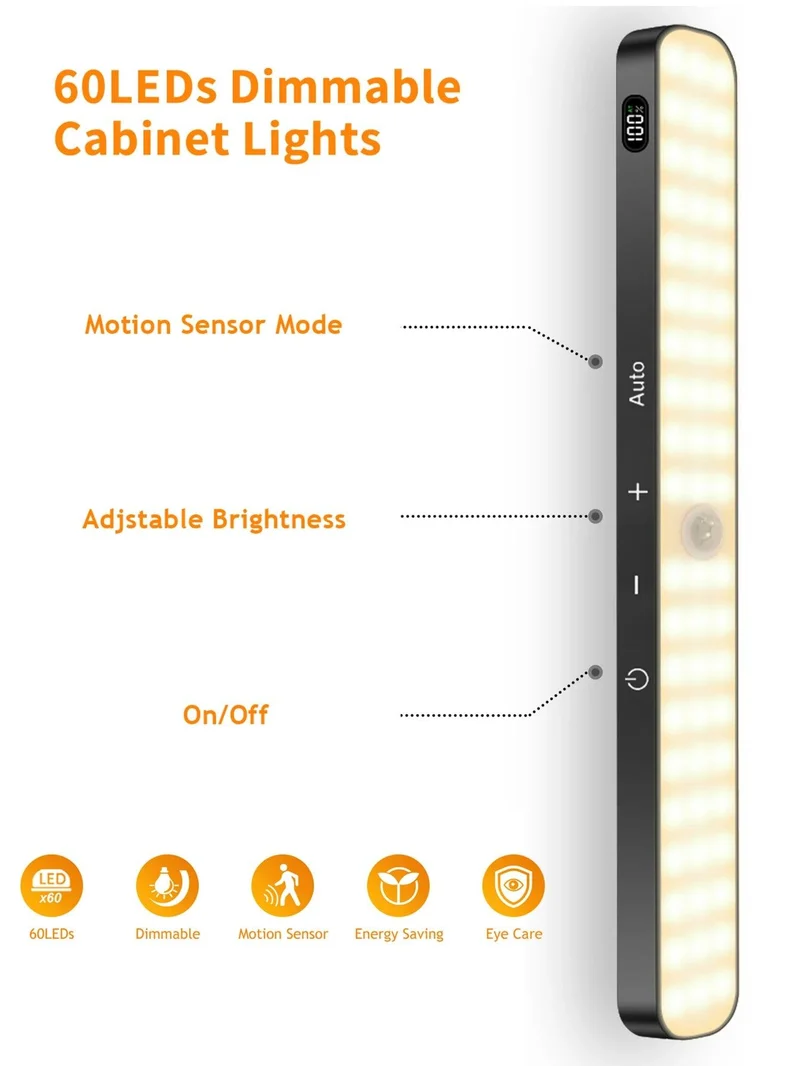 60-LED Under Cabinet LED Light Bar - Warm White, Magnetic Dimmable, Battery Display, Black Housing
