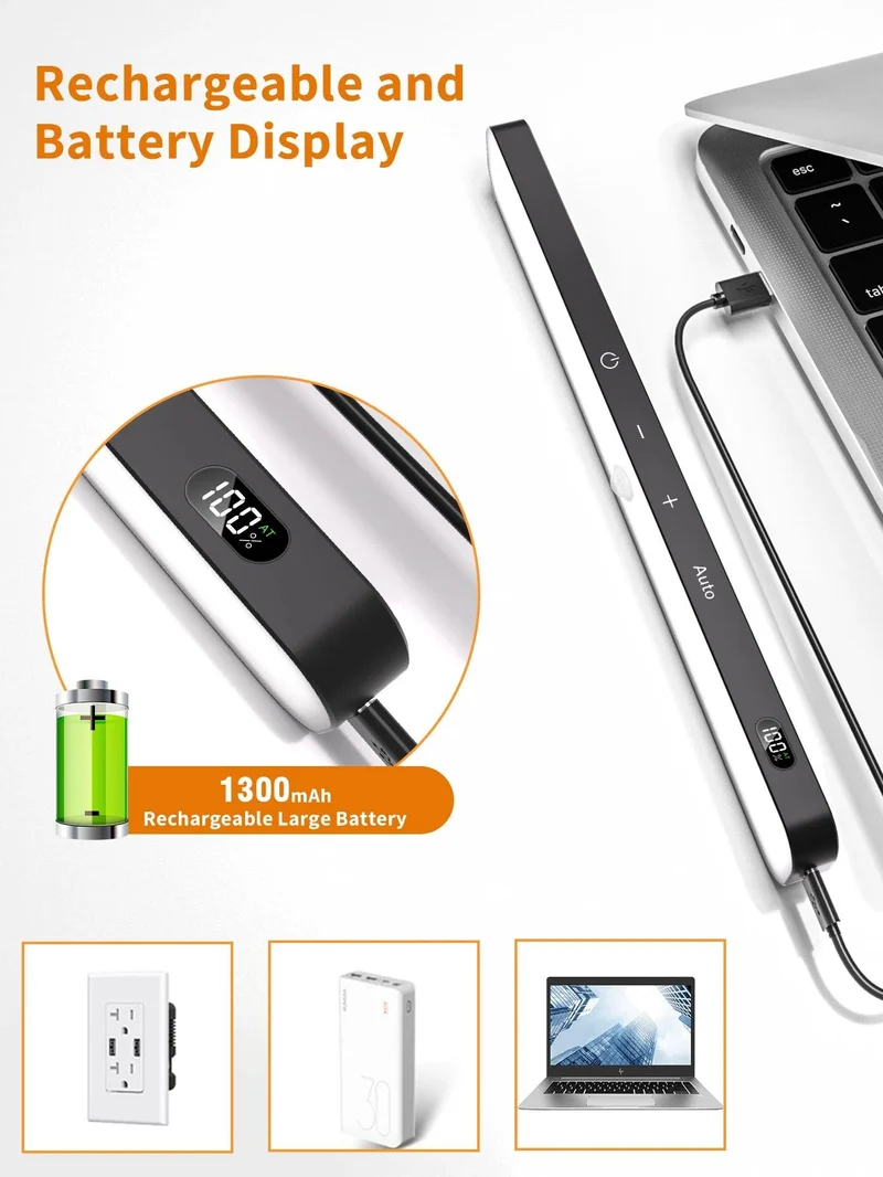 60-LED Under Cabinet LED Light Bar - Warm White, Magnetic Dimmable, Battery Display, Black Housing