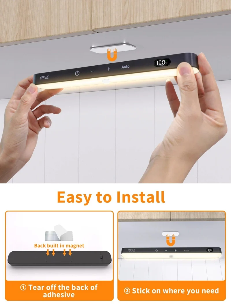 60-LED Under Cabinet LED Light Bar - Warm White, Magnetic Dimmable, Battery Display, Black Housing