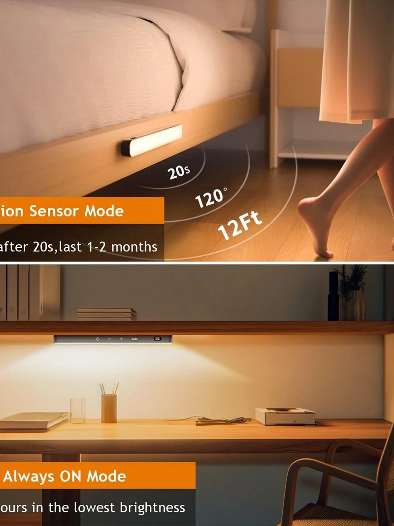 60-LED Under Cabinet LED Light Bar - Warm White, Magnetic Dimmable, Battery Display, Black Housing