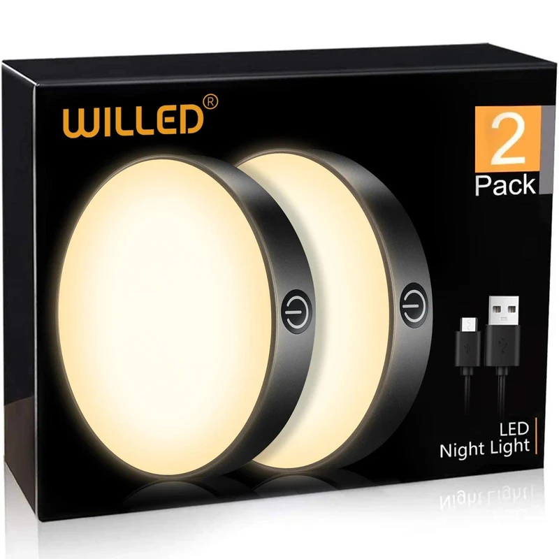 2-Pack Black Rechargeable Under Cabinet LED Puck Lights - Magnetic Base, Stepless Dimming