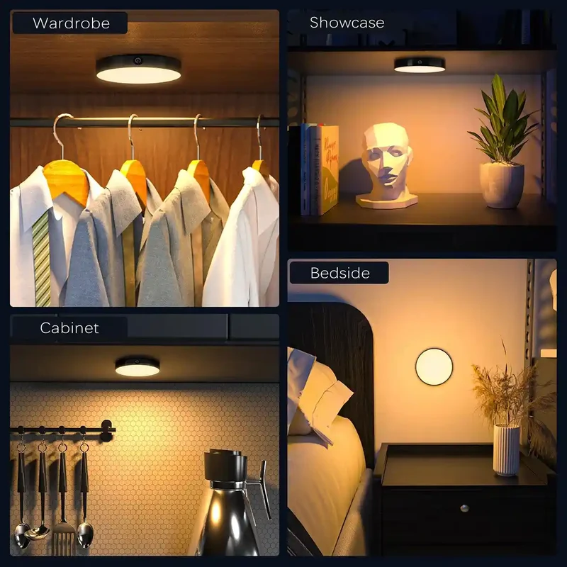 2-Pack Black Rechargeable Under Cabinet LED Puck Lights - Magnetic Base, Stepless Dimming