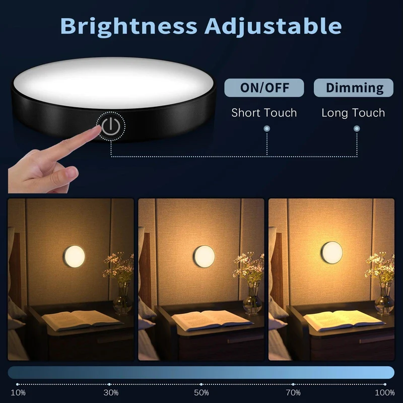 2-Pack Black Rechargeable Under Cabinet LED Puck Lights - Magnetic Base, Stepless Dimming