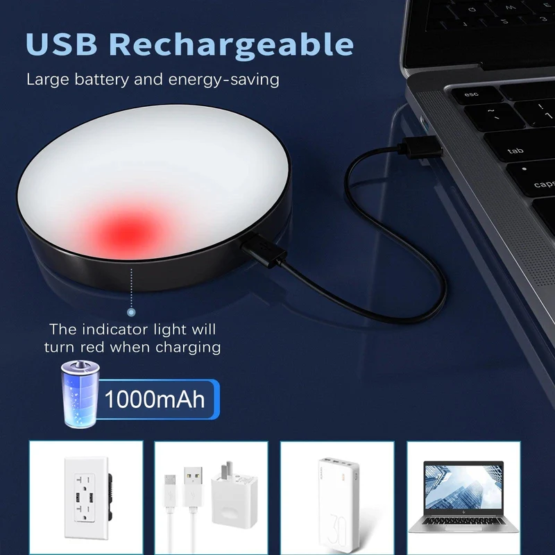 2-Pack Black Rechargeable Under Cabinet LED Puck Lights - Magnetic Base, Stepless Dimming