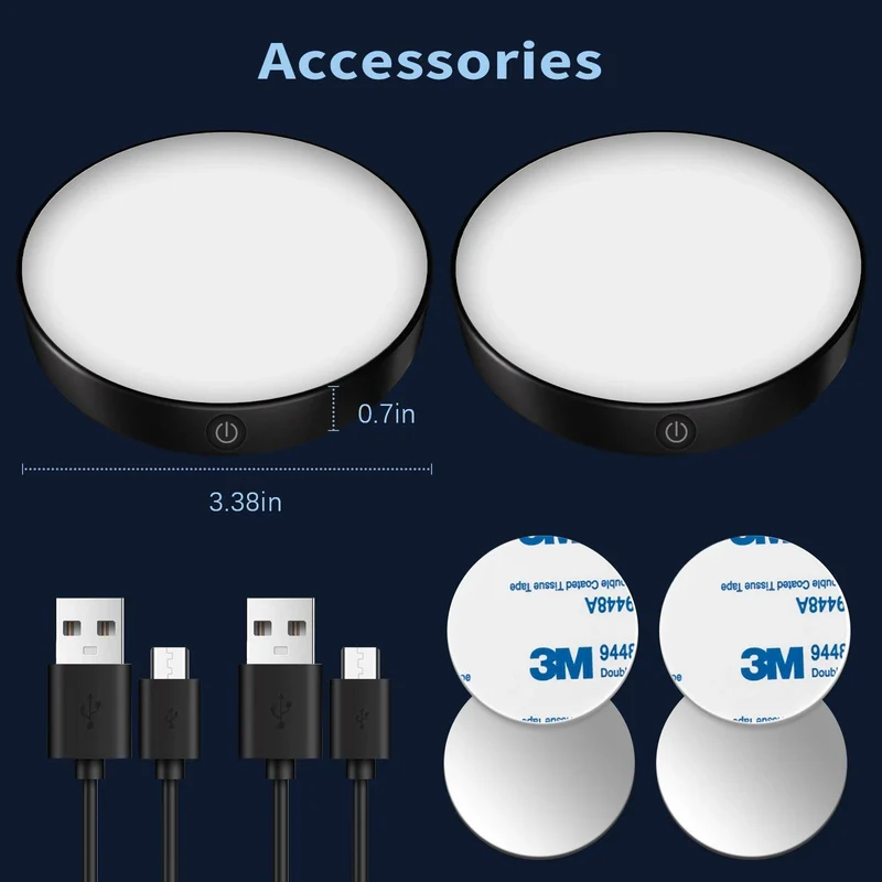 2-Pack Black Rechargeable Under Cabinet LED Puck Lights - Magnetic Base, Stepless Dimming