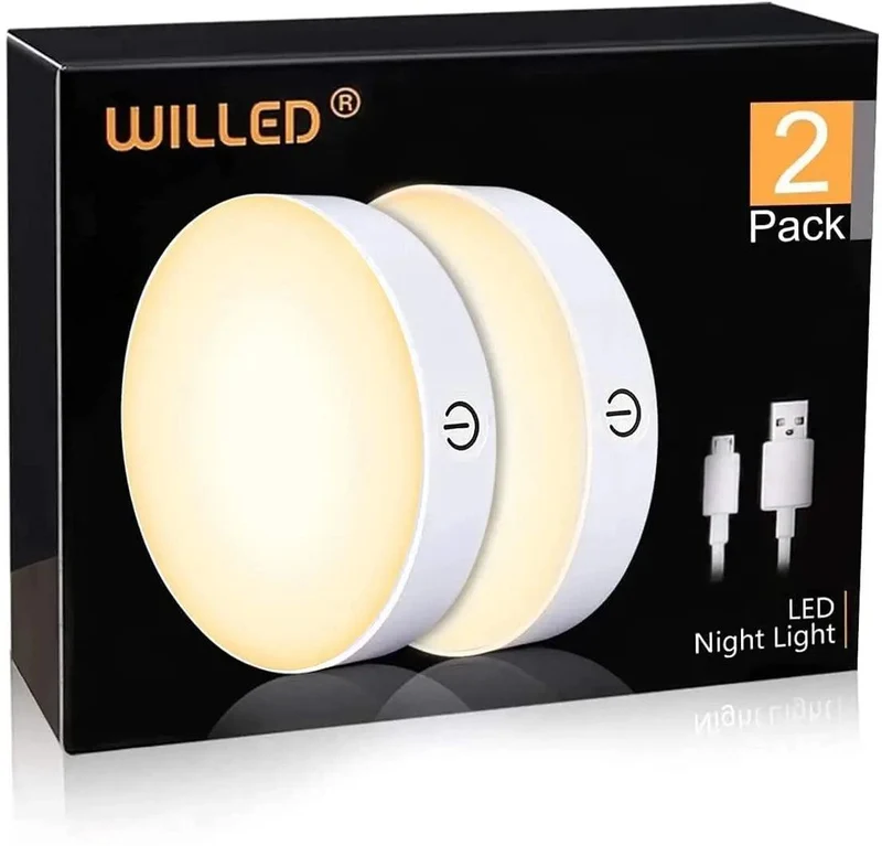 2-Pack White Rechargeable Under Cabinet LED Puck Lights - Magnetic Base, Stepless Dimming