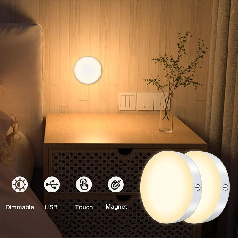 2-Pack White Rechargeable Under Cabinet LED Puck Lights - Magnetic Base, Stepless Dimming