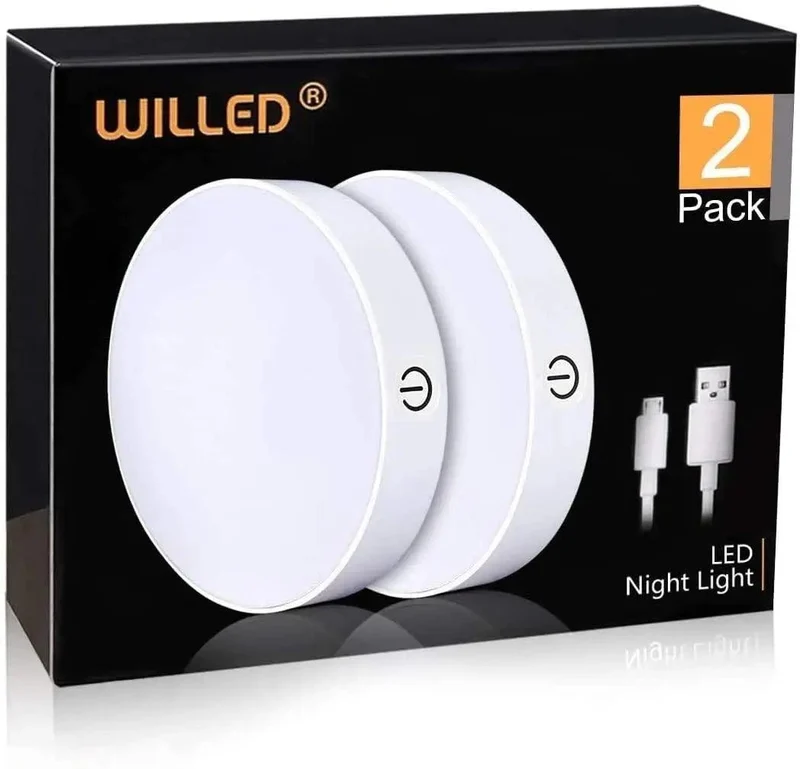 2-Pack White Rechargeable Under Cabinet LED Puck Lights - Magnetic Base, Stepless Dimming