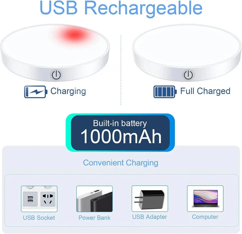 2-Pack White Rechargeable Under Cabinet LED Puck Lights - Magnetic Base, Stepless Dimming