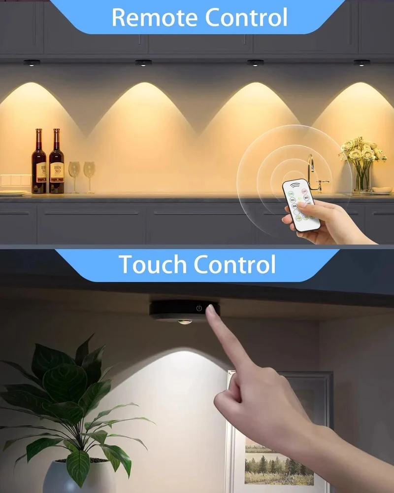 Rechargeable RGB Under Cabinet LED Puck Lights - Remote & Touch Control, Black Housing