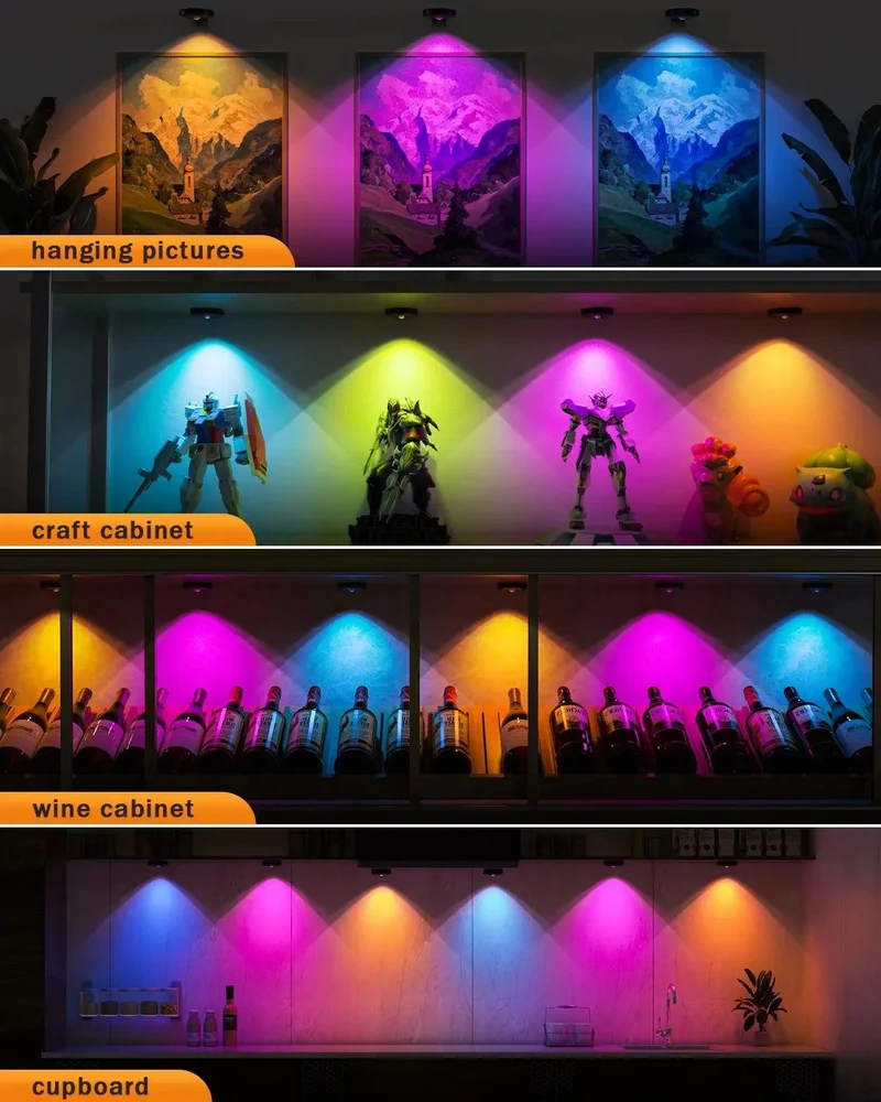 Rechargeable RGB Under Cabinet LED Puck Lights - Remote & Touch Control, Black Housing