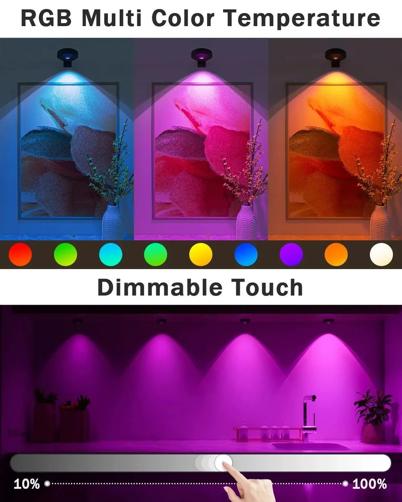 Rechargeable RGB Under Cabinet LED Puck Lights - Remote & Touch Control, Black Housing