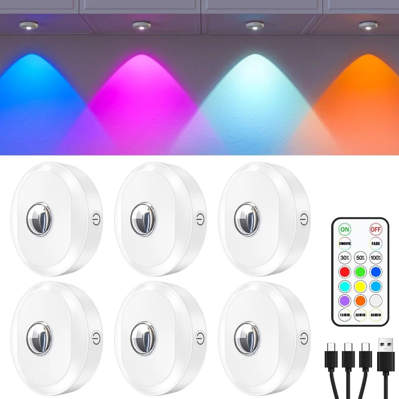 6-Pack Rechargeable RGB Under Cabinet LED Puck Lights - Remote & Touch Control, White Housing