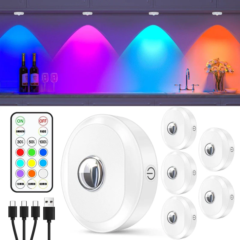 6-Pack Rechargeable RGB Under Cabinet LED Puck Lights - Remote & Touch Control, White Housing