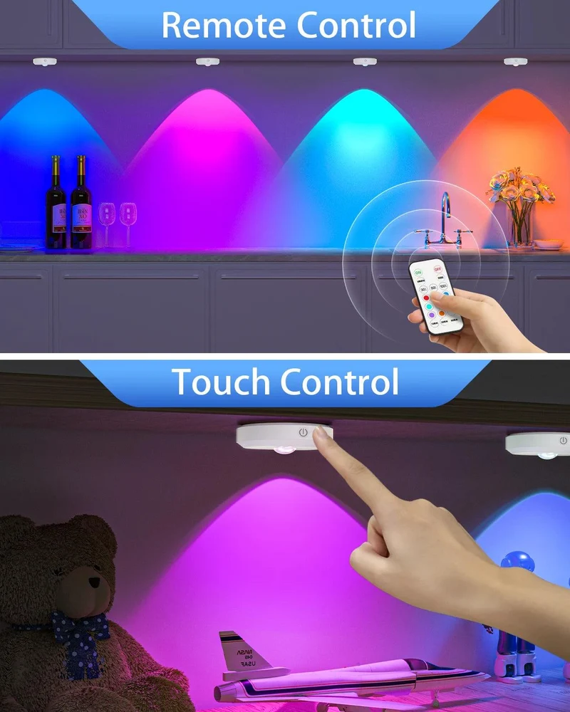 6-Pack Rechargeable RGB Under Cabinet LED Puck Lights - Remote & Touch Control, White Housing