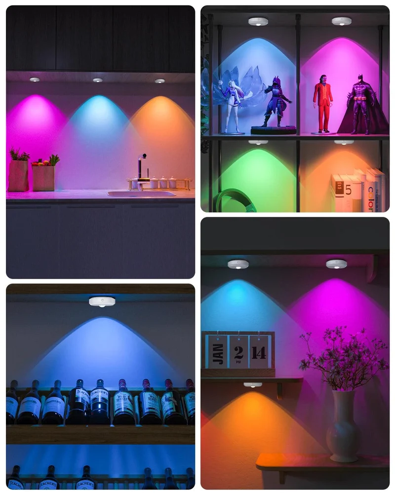 6-Pack Rechargeable RGB Under Cabinet LED Puck Lights - Remote & Touch Control, White Housing