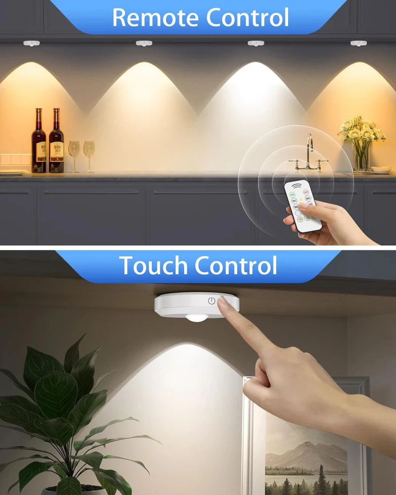 6-Pack Rechargeable RGB Under Cabinet LED Puck Lights - Remote & Touch Control, White Housing