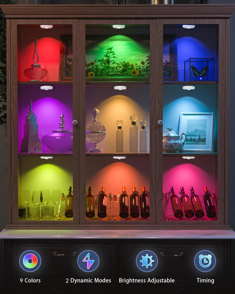 6-Pack Rechargeable RGB Under Cabinet LED Puck Lights - Remote & Touch Control, White Housing